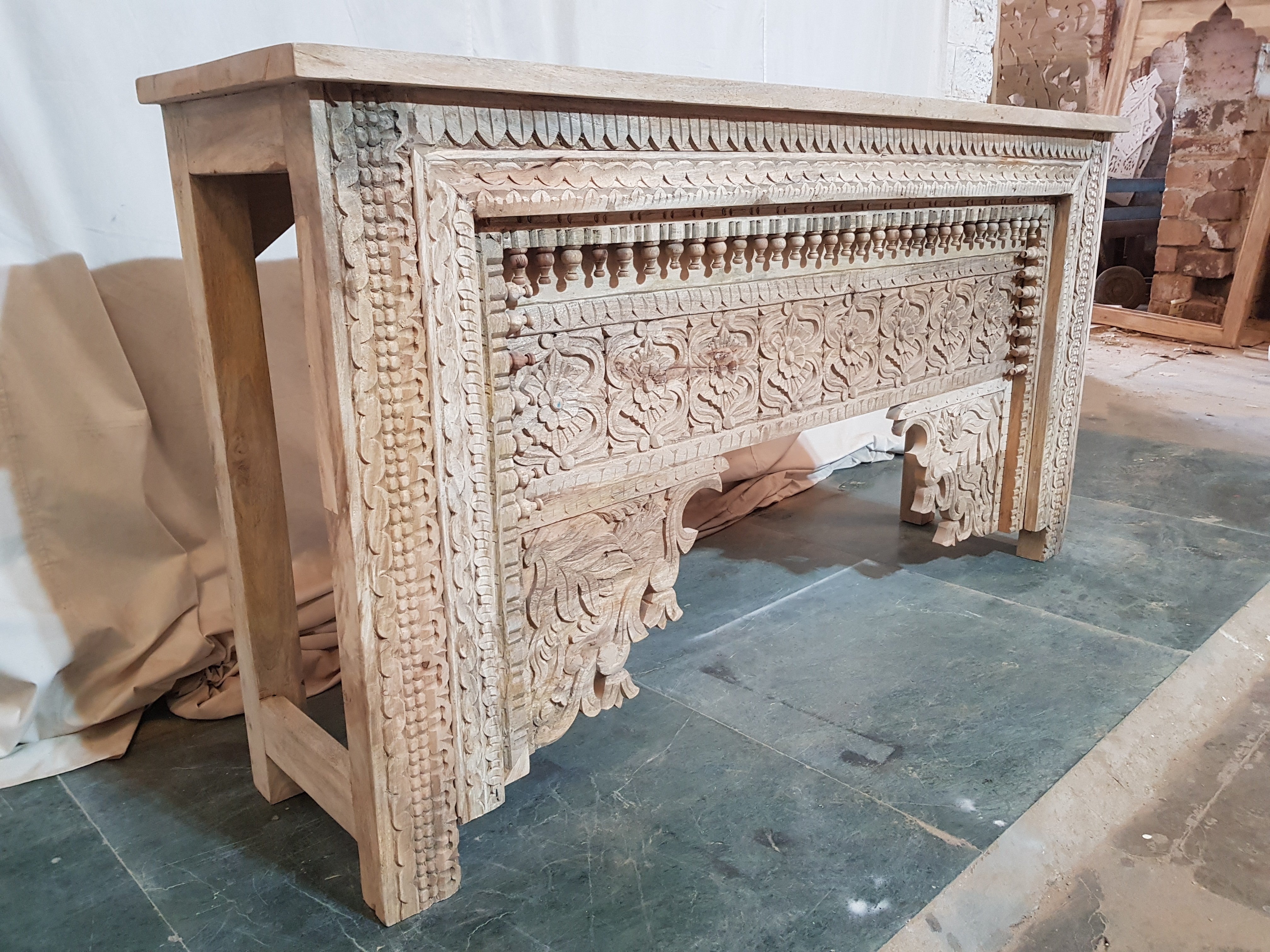 Hand Carved Indian Solid Wood Console Table - Natural Finish, 67