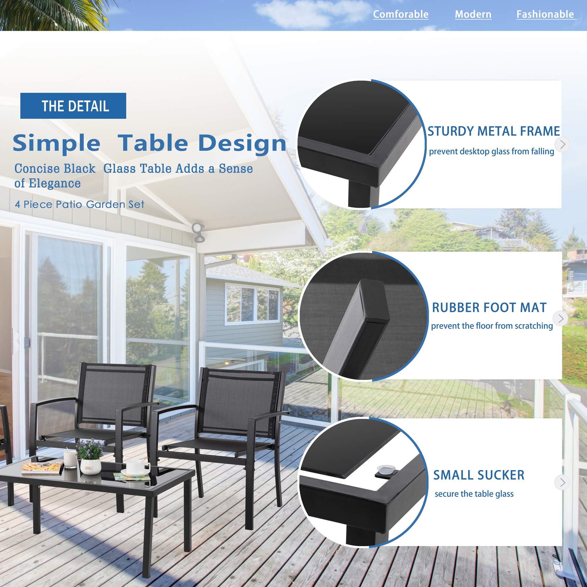 Vongrasig 4-Piece Outdoor Patio Furniture Set - Modern Textilene Bistro Set with Loveseat & Glass Coffee Table - Black Patio Conversation Set for Lawn, Balcony, Garden or Poolside Relaxation