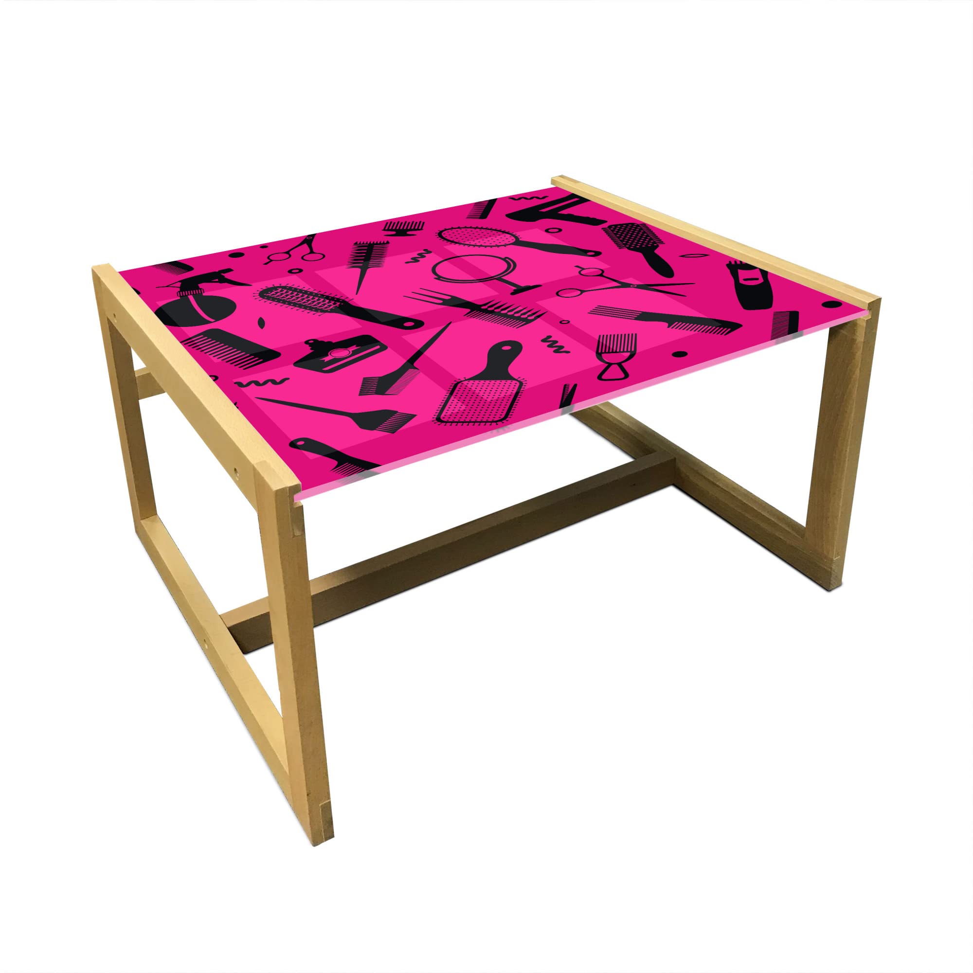 Ambesonne Hair Salon Coffee Table - Acrylic Glass Beauty Salon Center Table with Wooden Frame, Includes Hairdo Vented Brush, Combs, Mirrors & Scissors - Perfect for Offices, Dorms, Salons - Medium Size in Hot Pink & Black - Ideal for Salon Decor, Home Styling & Professional Use