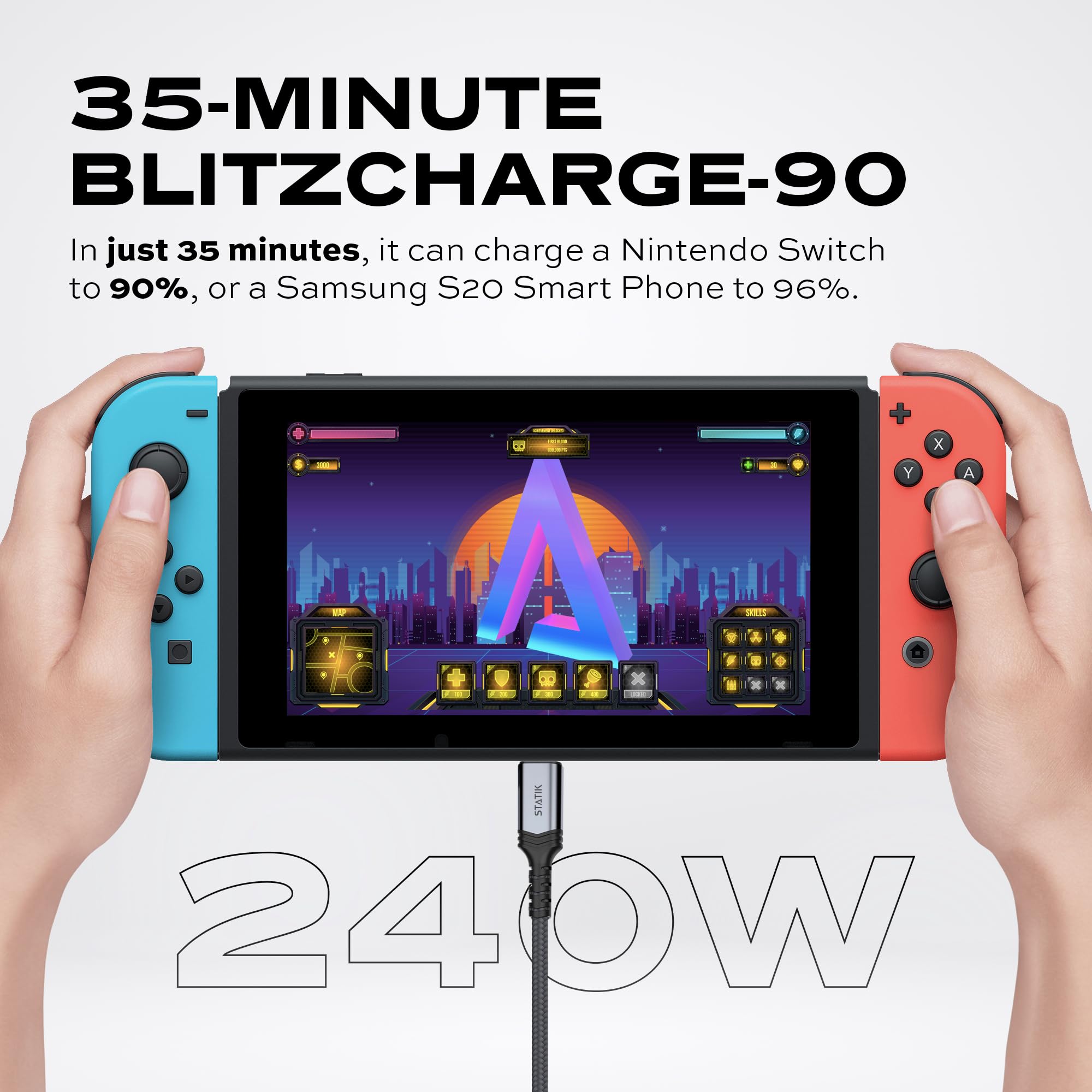STATIK Ultra4 240W USB C to USB C Fast Charging Cable 3ft - 40Gbps High-Speed Data Transfer, BlitzCharge Technology, Supports 8K Video & HD Displays - Perfect for MacBook Pro, Galaxy S23, iPad Pro & USB-C Laptops