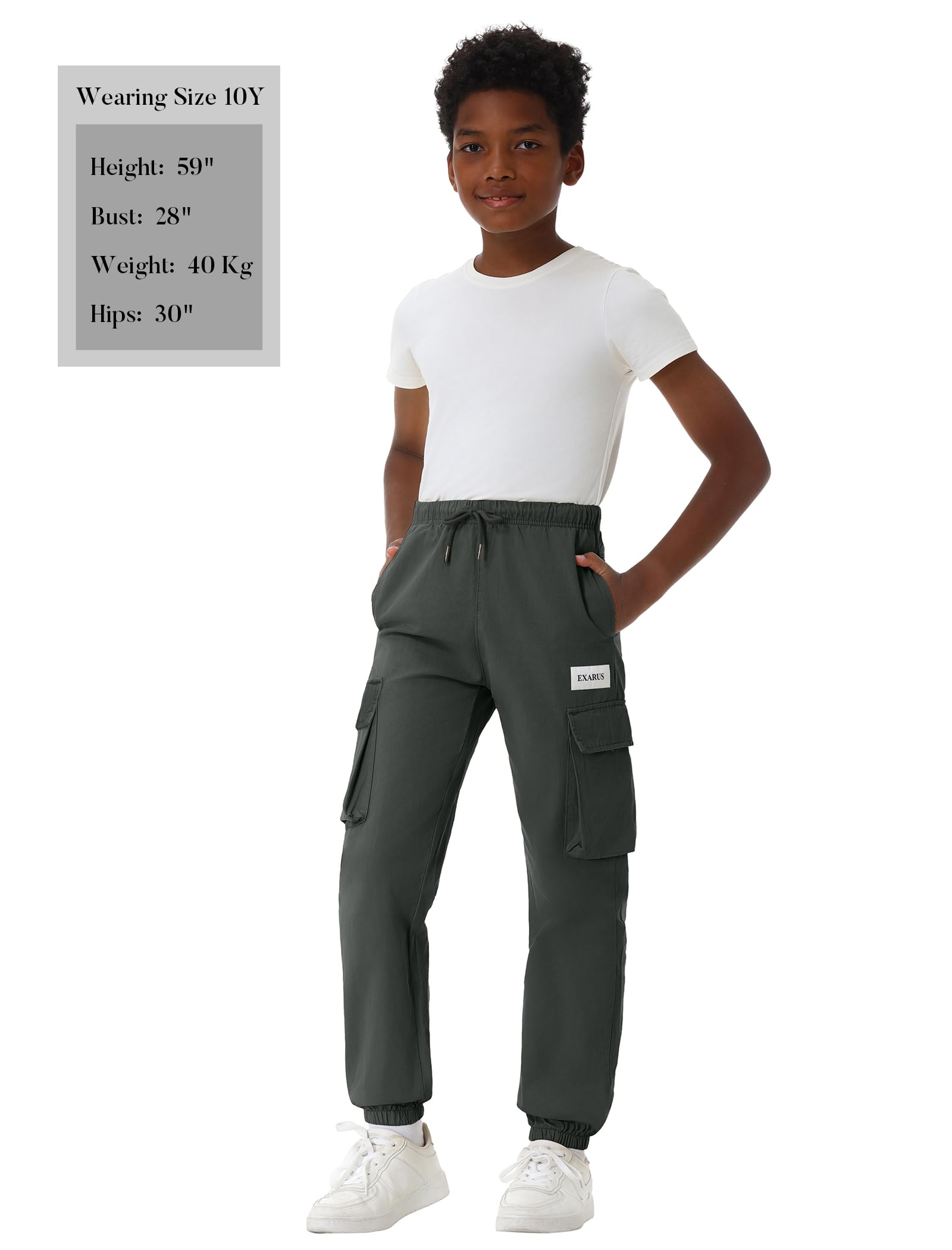 EXARUS 3 Pack Boys Cargo Pants - Cotton Drawstring Elastic Waist Joggers with Multiple Pockets for Kids & Youth 6-14 Years - Perfect for Hiking, Outdoor Play & School Activities