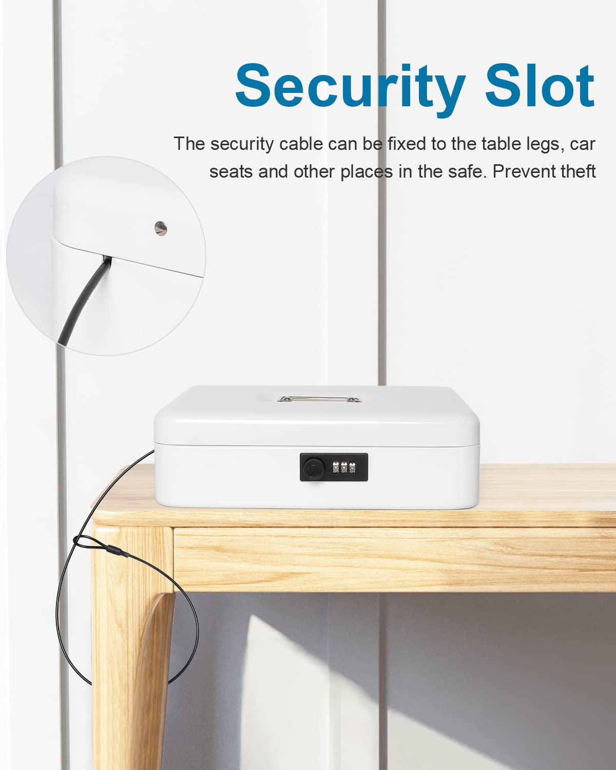 Secure Combination Lock Cash Box with Security Cable - 11.8 x 9.5 x 3.54 Inch Money Safe for Home, Office & Retail Use - White
