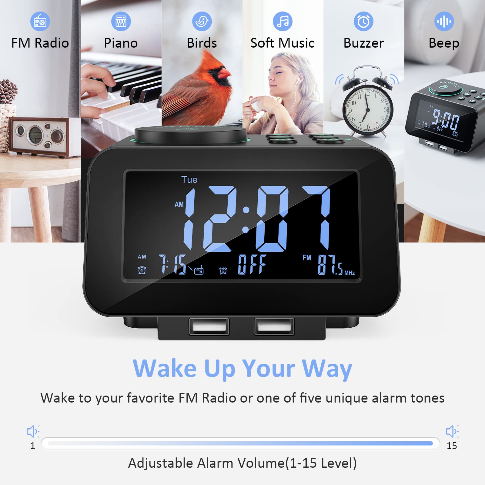 USCCE Digital Dual Alarm Clock Radio with 0-100% Dimmer, Weekday/Weekend Mode, 6 Alarm Sounds & Adjustable Volume | FM Radio with Sleep Timer, Snooze Function | 2 USB Charging Ports, Built-in Thermometer & Battery Backup | Perfect for Bedroom, Office & Travel Use