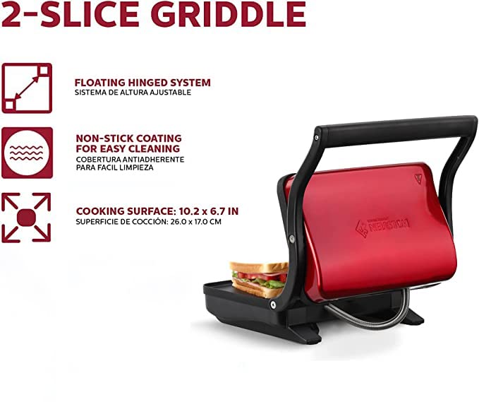 Holstein Housewares Electric Griddle - Nonstick Sandwich Maker & Snack Grill for Paninis, Quesadillas, Breakfast - Perfect for Home, Office & Camping - Metallic Red