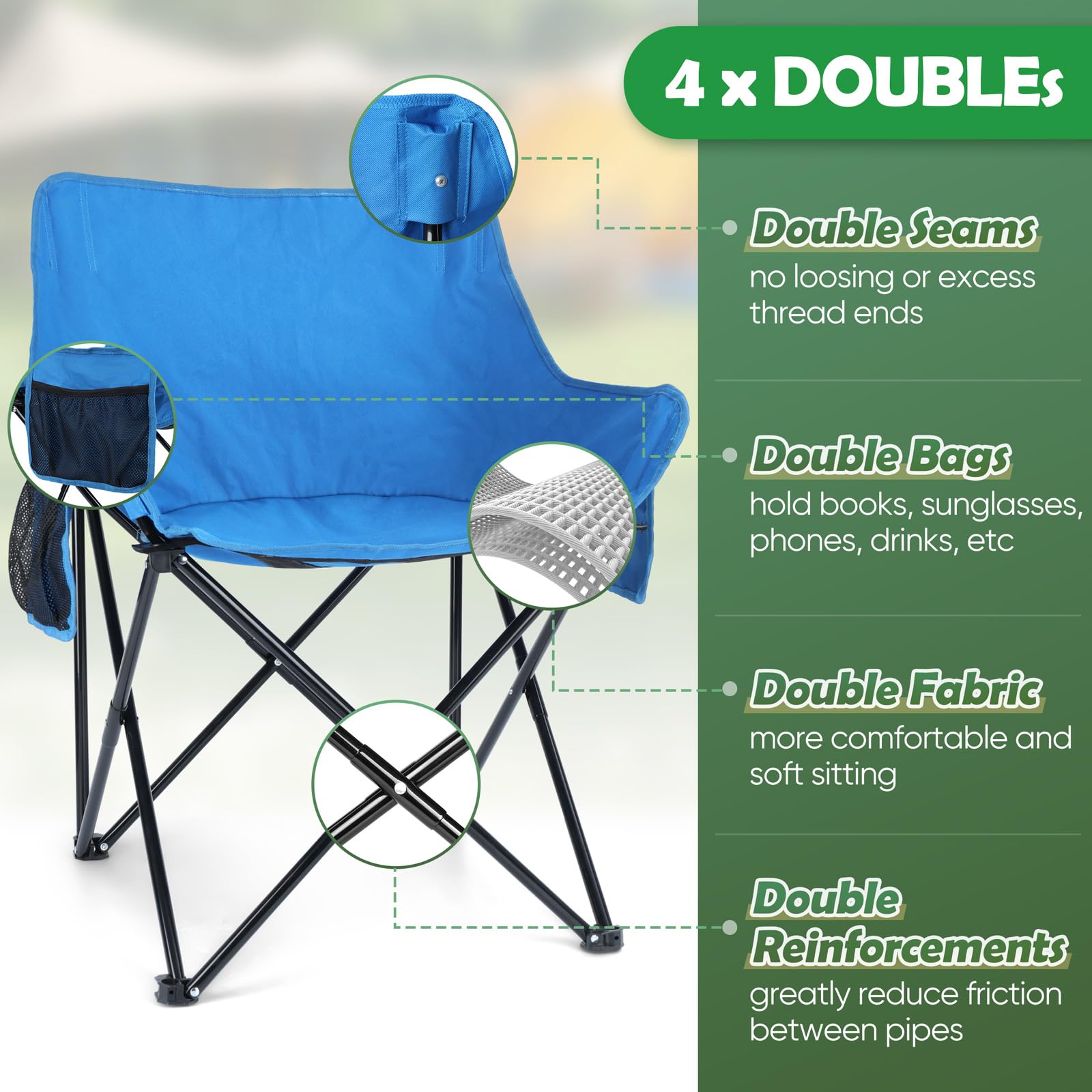 HaSteeL Heavy Duty Camping Chair for Adults - Portable Folding Outdoor Chair with Side Pockets & Carry Bag - Supports 250lbs - Perfect for Camping, Hiking, Beach, Picnic, Fishing & Travel (Blue)