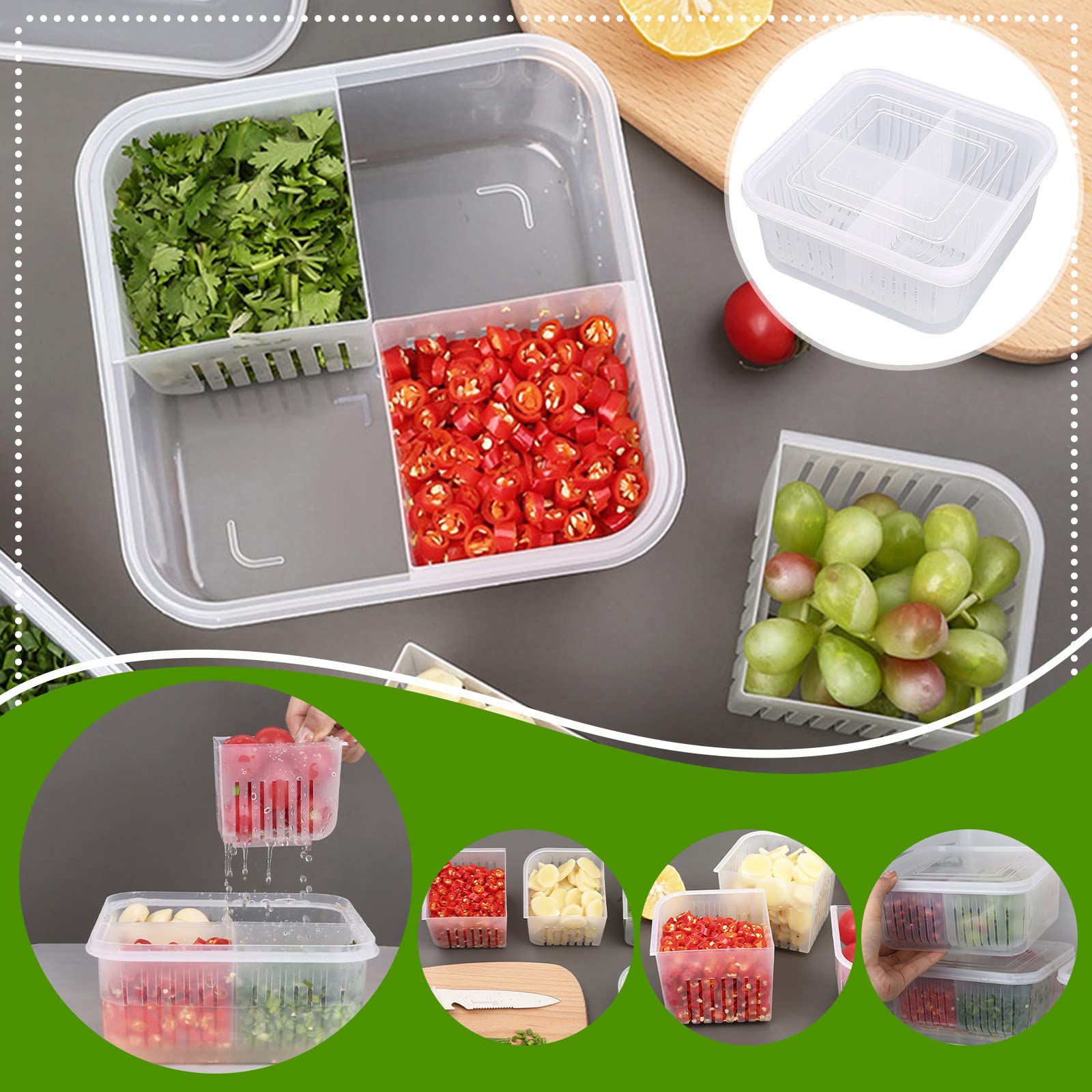Airtight Food Storage Containers with Lids - 4-Compartment BPA-Free Kitchen Organizer for Ginger, Garlic, Fruits & Vegetables | Refrigerator & Pantry Storage | Dishwasher Safe Kitchen Essentials