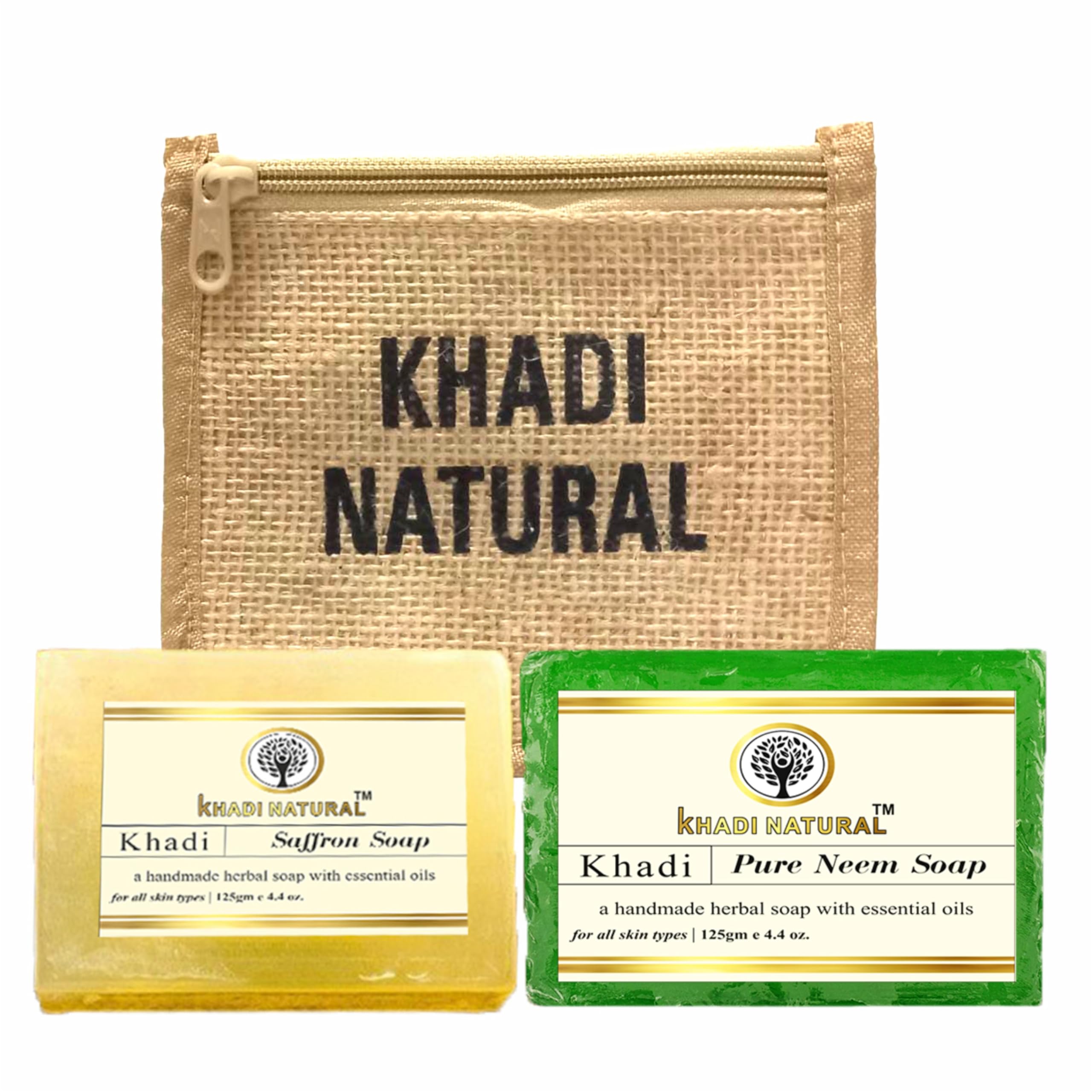 Khadi Natural Neem & Saffron Bath Soap 125g with Eco-Friendly Jute Bag - Handmade Organic Soap for Sensitive Skin & Acne Care - Perfect for Spa Day, Ayurvedic Skincare & Eco-Conscious Gifting