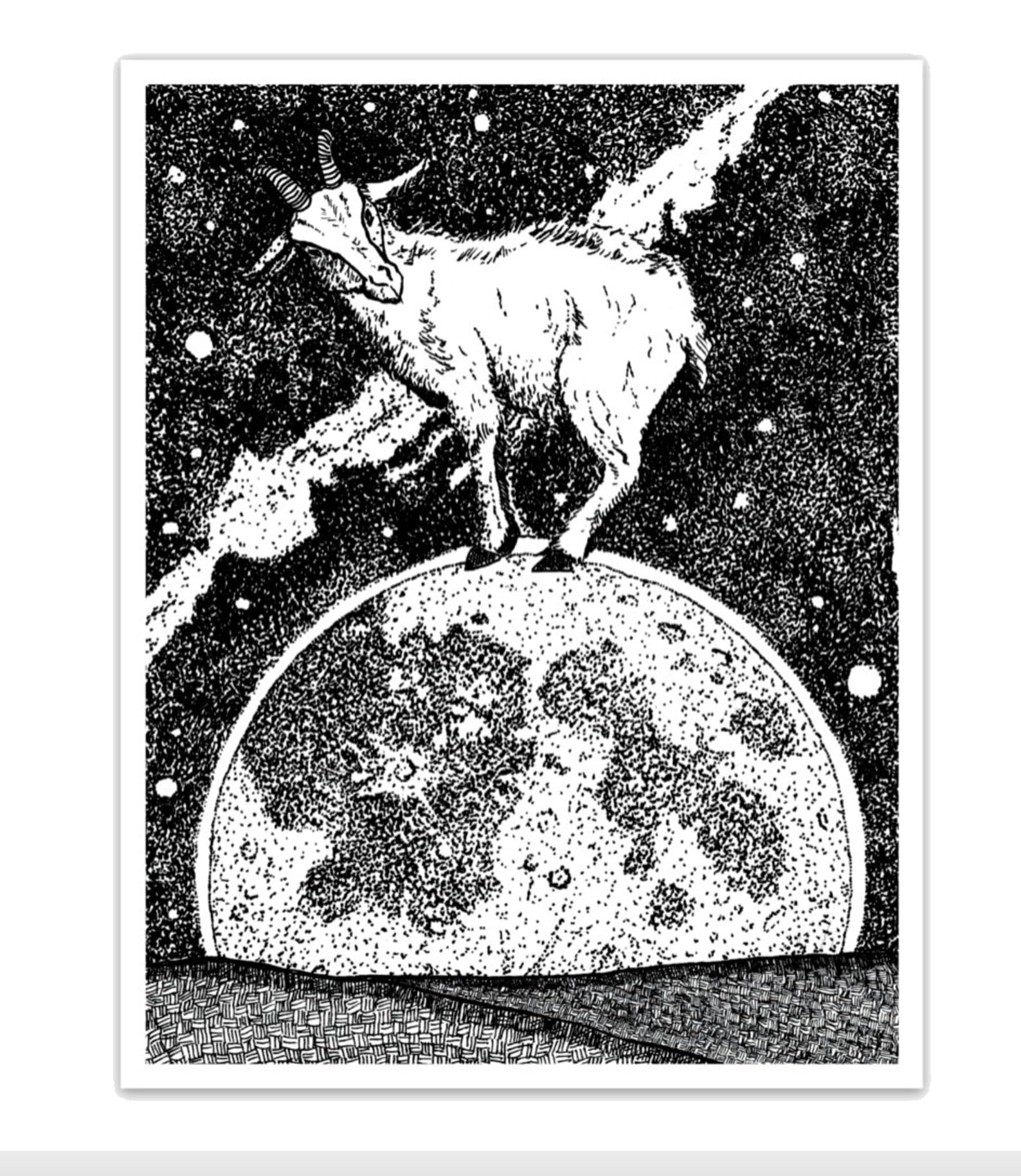 BellavanceInk Cosmic Goat Sticker - Hand-Drawn Pen & Ink Illustration Art - Perfect for Laptops, Journals & Water Bottles Decoration