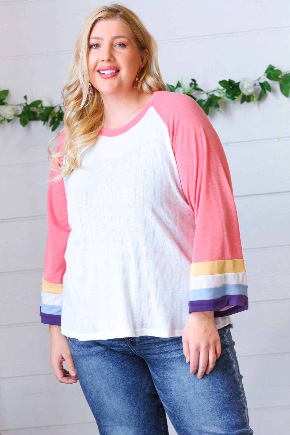 Stylish Pink Pointelle Color Block Wide Sleeve Pullover Sweater | Women's Fashion Knit Top | Perfect for Casual Outings & Layering
