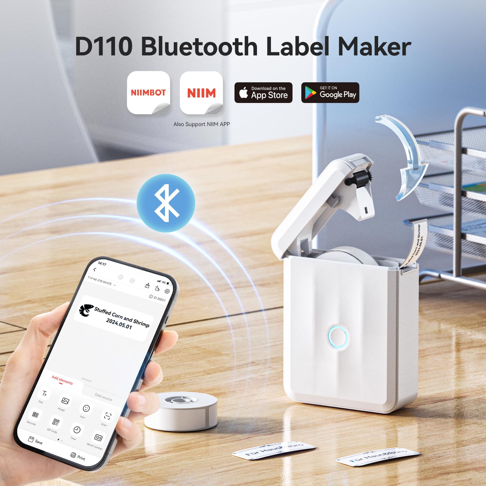 NIIMBOT D110 Bluetooth Label Maker Machine - Handheld Thermal Label Printer with Tape, Sticker Maker for Home, Office, Kitchen, School Organization (White) | Perfect for Labeling Storage Boxes, Files, Jars & School Supplies