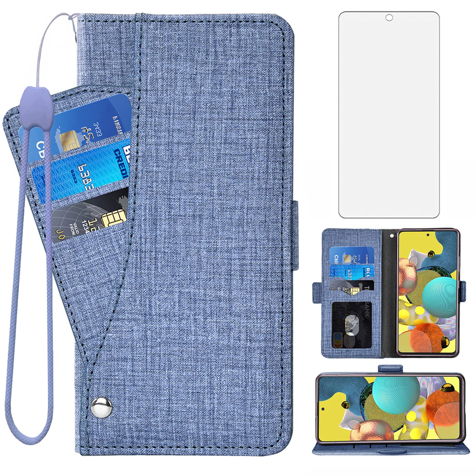 **ASUWISH Samsung Galaxy A51 5G / A51 5G UW Wallet Case with Tempered Glass Screen Protector & Card Holder – Flip Cover Phone Case for Verizon (Blue) – Perfect for Work, Travel & Everyday Use**