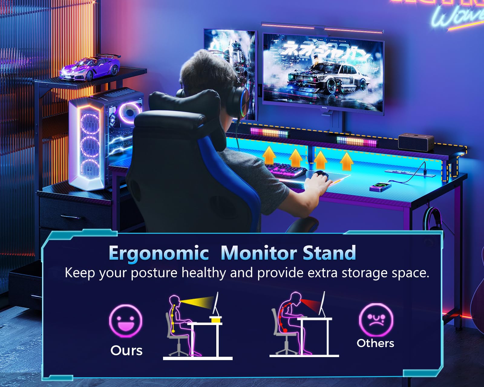 AODK 59 Inch Gaming Desk with USB Charging Ports & LED Lights - Reversible Computer Desk with Storage Shelves & Monitor Stand, Modern Gamer Table with Fabric Drawers & Side Hook - Perfect for PC Gaming Setup, Home Office & Streaming Studio (Carbon Fiber Black)