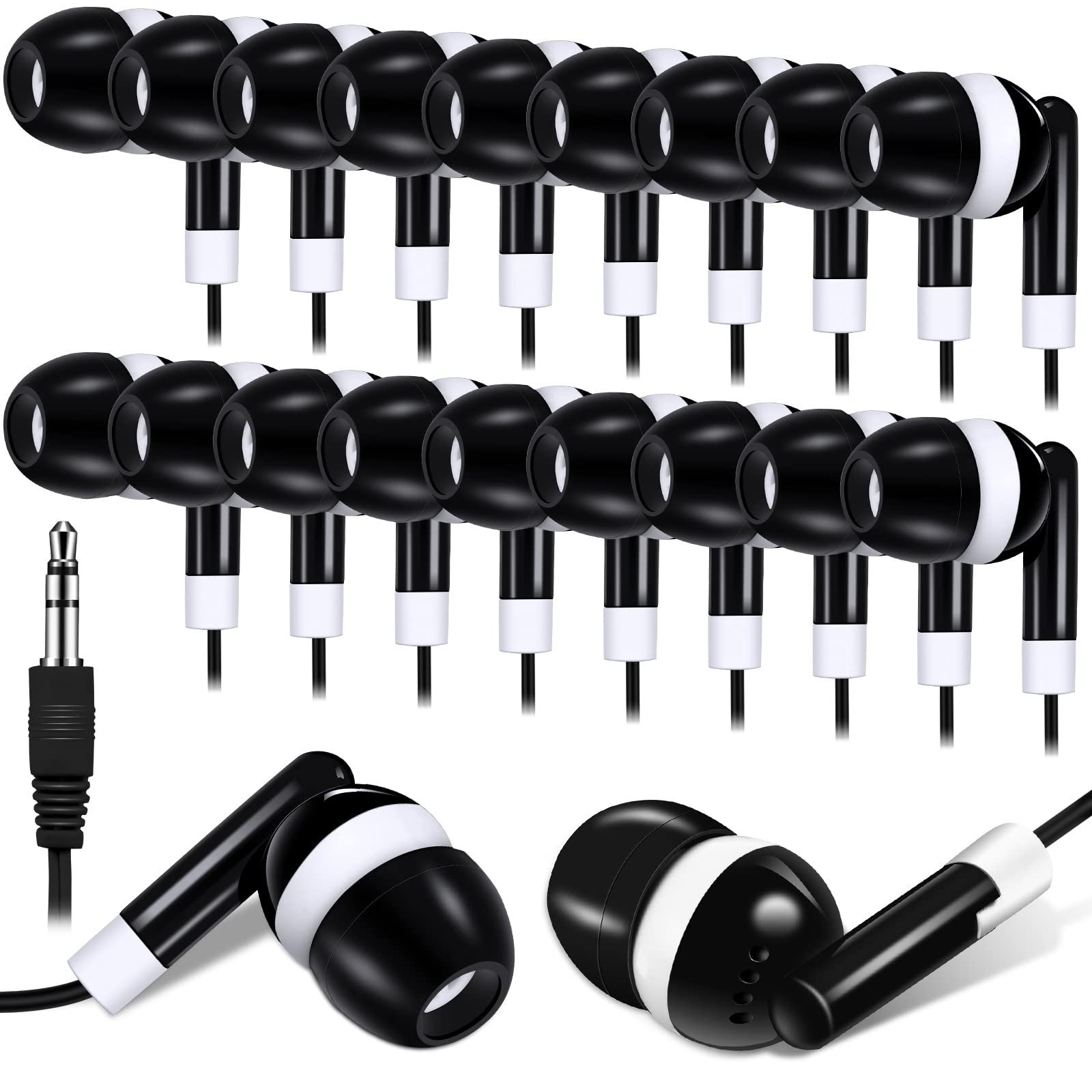 Bulk 100 Pack Konohan Black Earbuds for Classroom - 3.5mm In-Ear Headphones for Students, Kids, Schools & Libraries - Individually Bagged Dot Headphones for Laptop, Online Learning & Music Listening