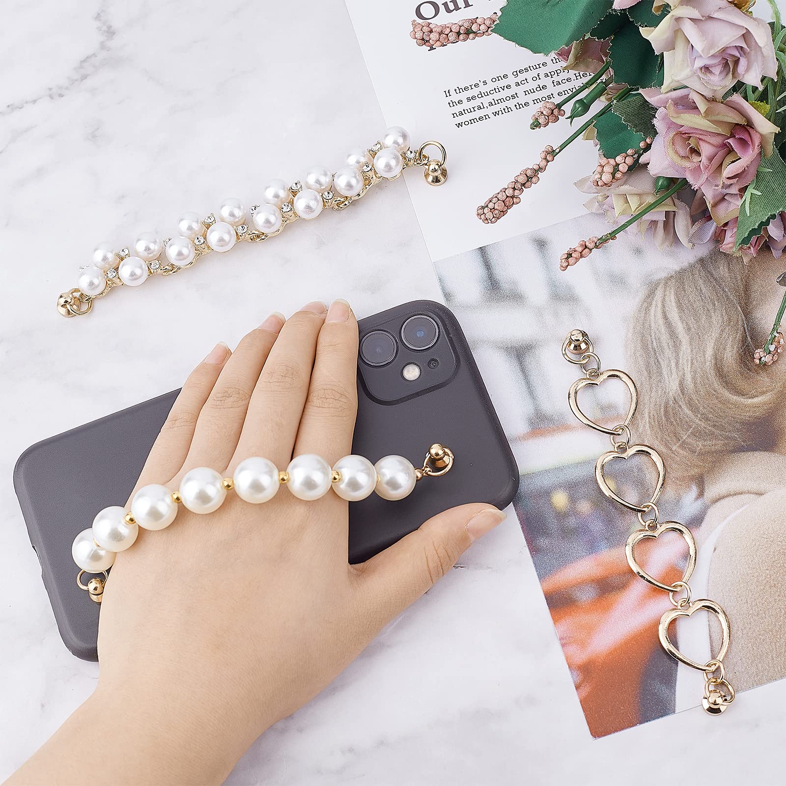 WADORN 3 Styles Beaded Phone Charms - Pearl Phone Chain Lanyard, Cute Wrist Strap & Universal Finger Strap Phone Grip Holder with Screws for Phone Case | Perfect for iPhone, Samsung & Smartphone Accessories | Great Gift for Women & Teens