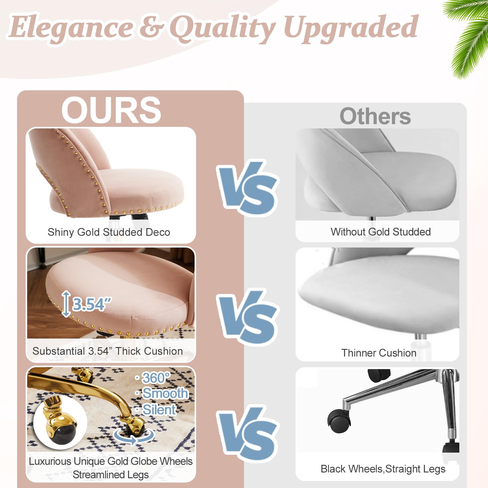 VINGLI Modern Velvet Small Office Chair with Wheels - Gold Base & Studs, Comfortable Armless Swivel Task Chair for Women, Girls & Kids - Perfect for Study, Dorm, Bedroom & Small Spaces (Pink) | Ideal for Home Office, Vanity Desk & Nail Technician Workstation