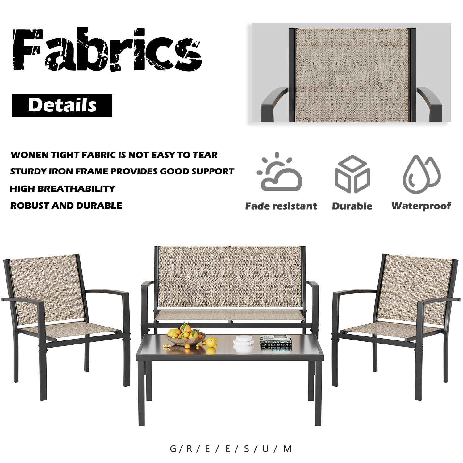 Greesum 4-Piece Outdoor Patio Furniture Set with Glass Coffee Table - Beige Wicker Conversation Set for Garden, Lawn, Poolside & Backyard - Perfect for Relaxing, Entertaining & Outdoor Dining