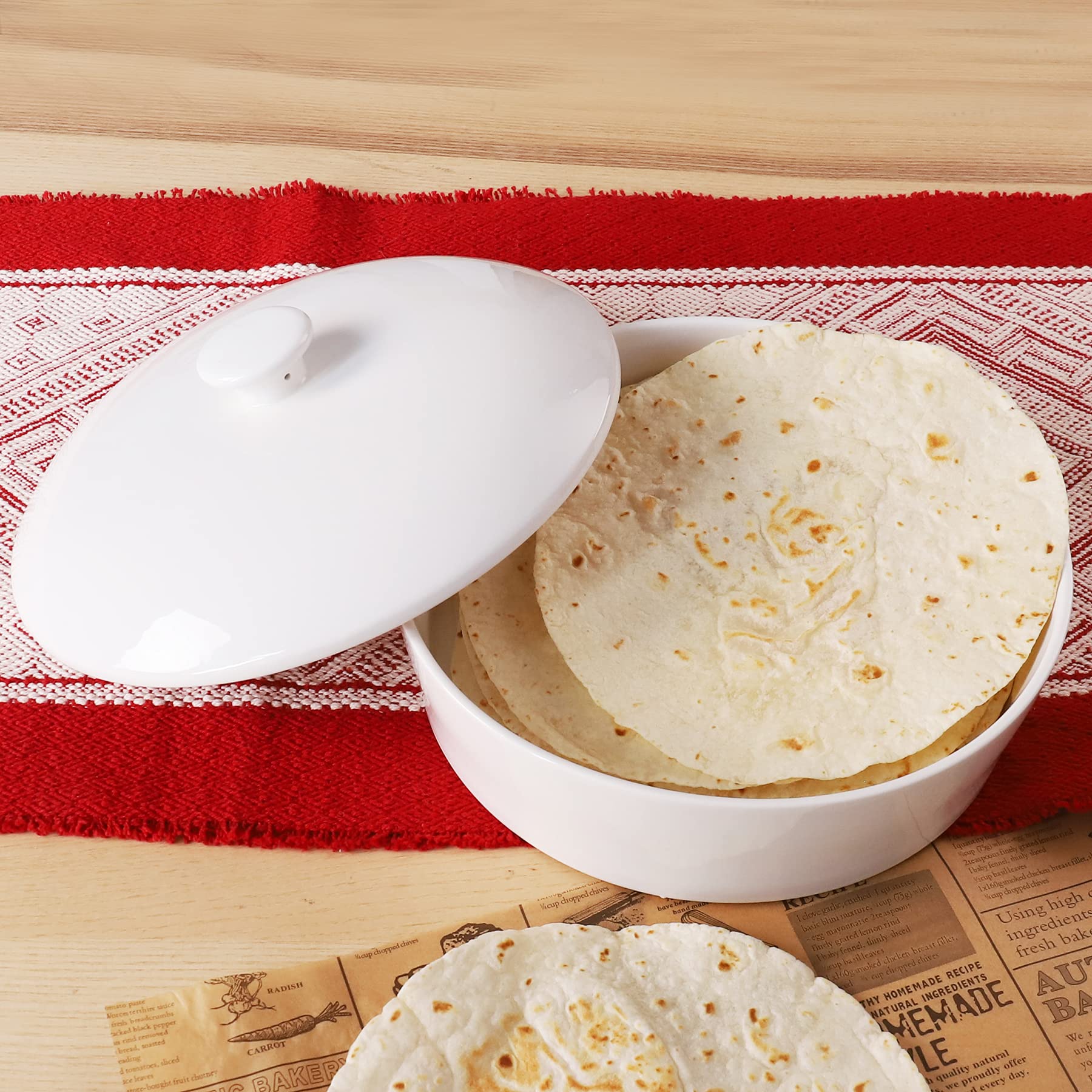 Sweese Porcelain Tortilla Warmer - Holds 12 Tortillas, Microwave & Oven Safe Ceramic Tortilla Server with Lid - Perfect for Taco Tuesday, Mexican Fiesta Party, Family Gatherings & Dinner Entertaining - White