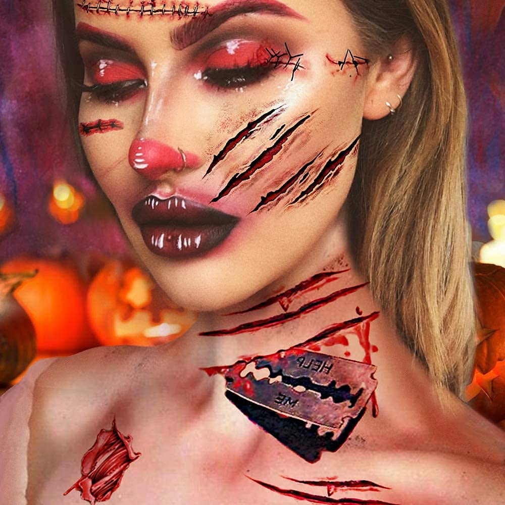 11-Piece Halloween Makeup Kit with Zombie, Vampire & Fake Blood - 61 Realistic Scars, Cuts & Tattoos for Cosplay, Horror Parties & Halloween Costume Contests