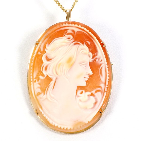18K Yellow Gold Shell Cameo 2-Way Convertible Necklace & Brooch - Elegant Vintage Jewelry for Women, Perfect for Weddings, Parties & Special Occasions