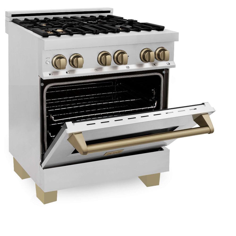 ZLINE Autograph Edition 30-inch Stainless Steel Dual Fuel Range Kitchen Package with Range Hood, Dishwasher & Refrigerator - Champagne Bronze Accents (4KAPR RARHDWM30 CB) | Premium Kitchen Appliances for Modern Homes & Professional Chefs