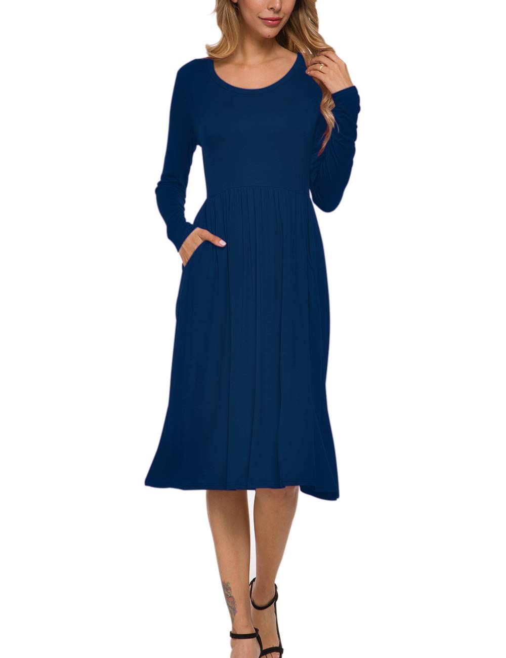 MISFAY Women's Long Sleeve Midi Dress - Loose Fit Casual Empire Waist Dress with Pockets for Work, Travel & Everyday Wear