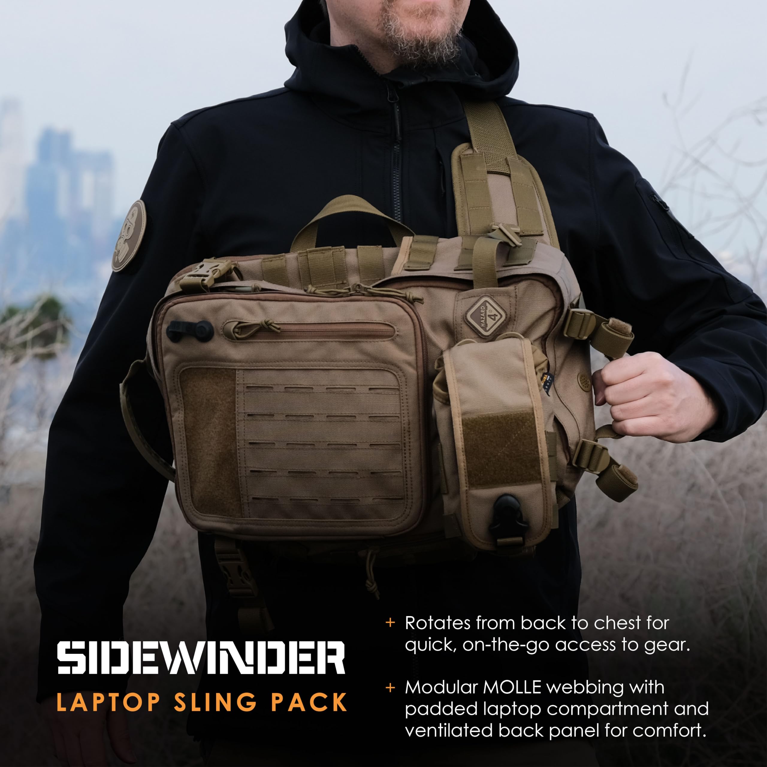 Hazard 4 Sidewinder Full-Sized Laptop Sling Backpack - Durable Tactical Messenger Bag for 15-17 Inch Laptops | Perfect for Commuting, Travel & Outdoor Adventures (Black)