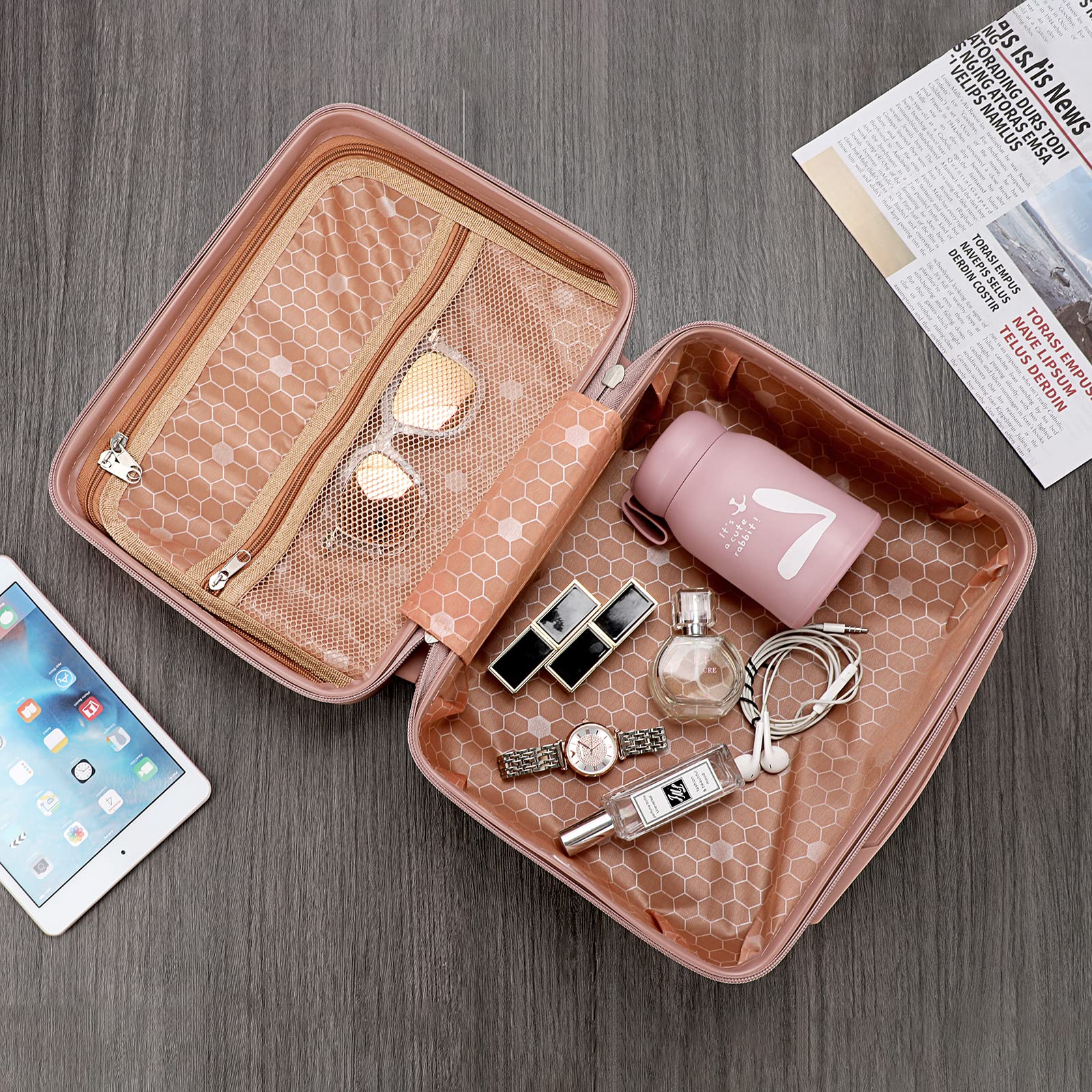 Portable Hard Shell Cosmetic Travel Case - Small ABS Makeup Organizer with Elastic Band - Mini Carry On Hand Luggage for Women (Rose Gold) - Perfect for Air Travel, Weekend Getaways & Daily Makeup Storage