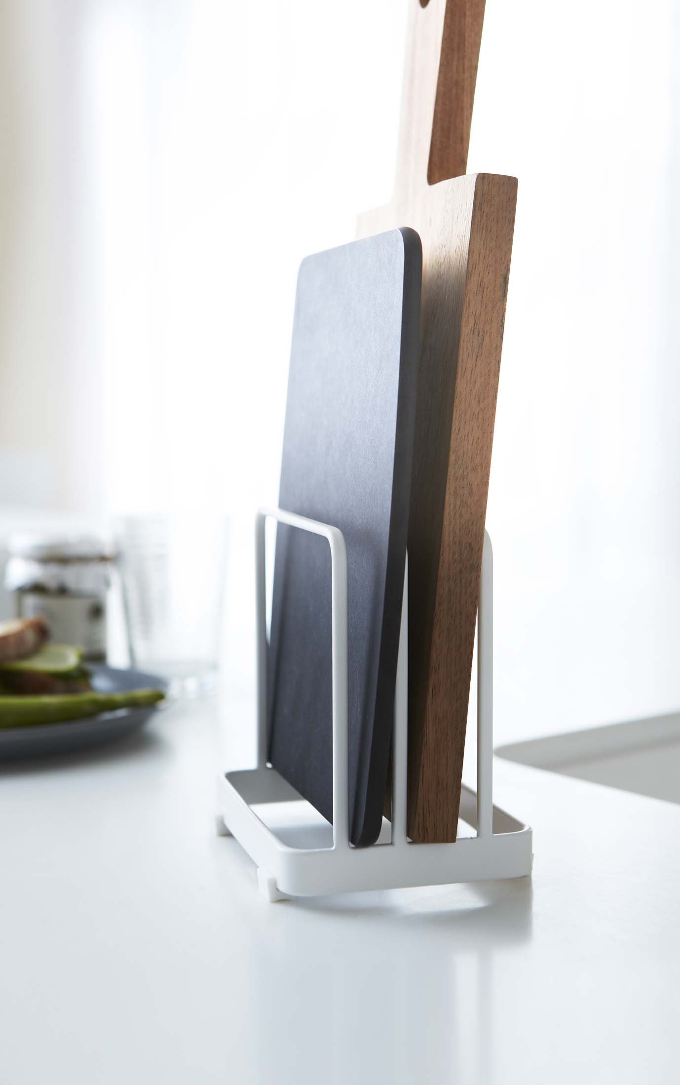 Yamazaki Home Plate Cutting Board Stand - Bamboo Kitchen Storage Rack Holder Organizer for Countertop | Perfect for Small Space Kitchen Organization & Countertop Display