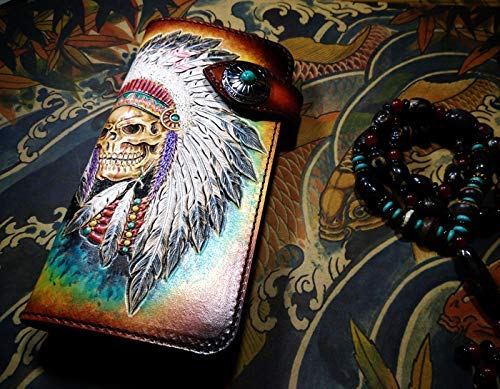Handcrafted Genuine Leather Biker Wallet for Men - 3D Carved Indian Skull & Skeleton Design - Custom Personalized Long Wallet for Motorcycle Riders & Gift Giving