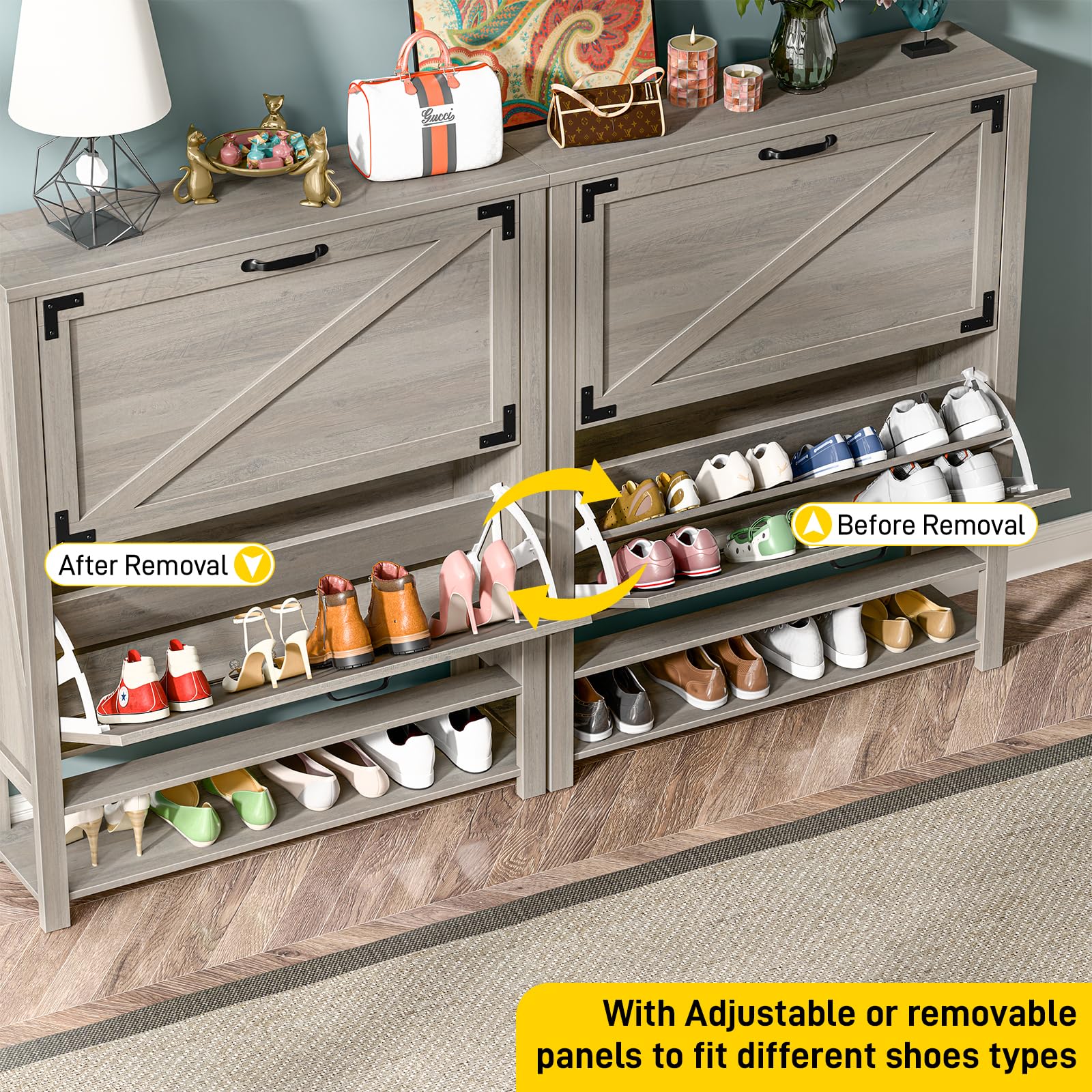5-Tier Rustic Grey Shoe Storage Cabinet with 2 Flip Drawers - Farmhouse Entryway Organizer, Narrow Freestanding Wooden Shoe Rack for Hallway, Living Room & Bedroom Closet Organization