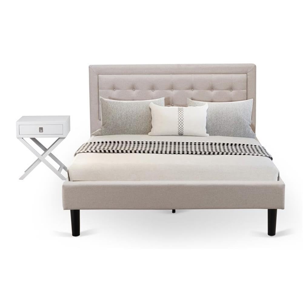 East West Furniture FN08Q-1HAE0 2-Piece Queen Bed Set with Wood Frame & Nightstand - Durable Beige Linen Fabric - Perfect for Master Bedrooms, Guest Rooms & Small Spaces