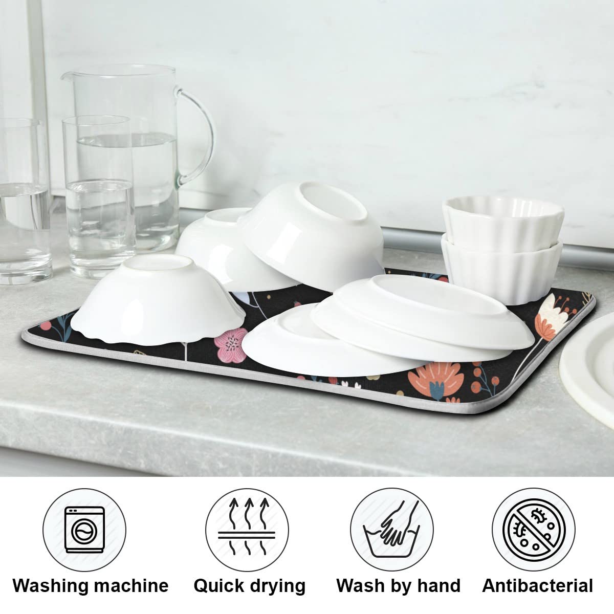 Absorbent Microfiber Dish Drying Mat - Black Floral 18x24in for Kitchen Countertop | Fast-Dry Reversible Pad