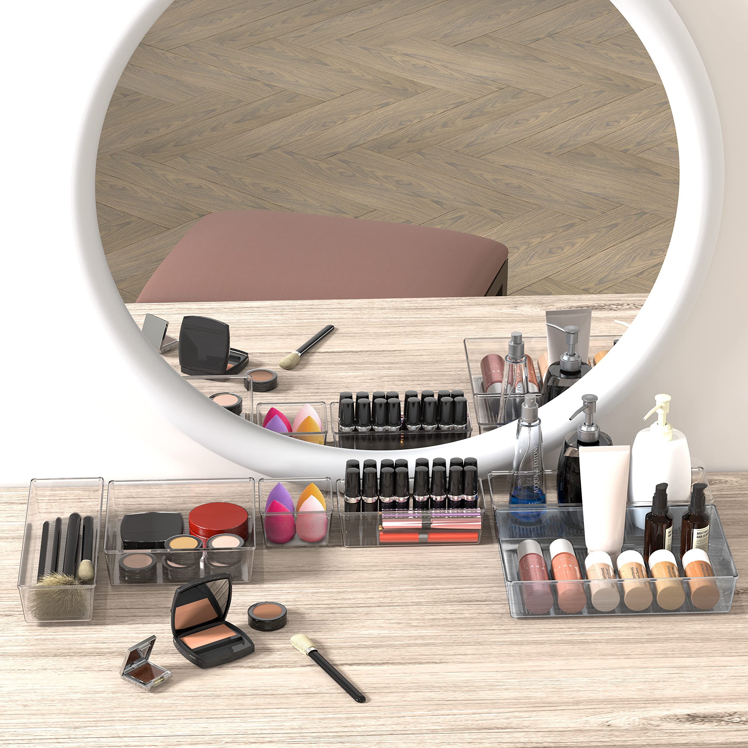 20-Piece Clear Plastic Drawer Organizer Set - 5 Sizes for Makeup, Bathroom, Bedroom & Office Storage - Perfect for Jewelry, Cosmetics, Utensils & Stationery Organization