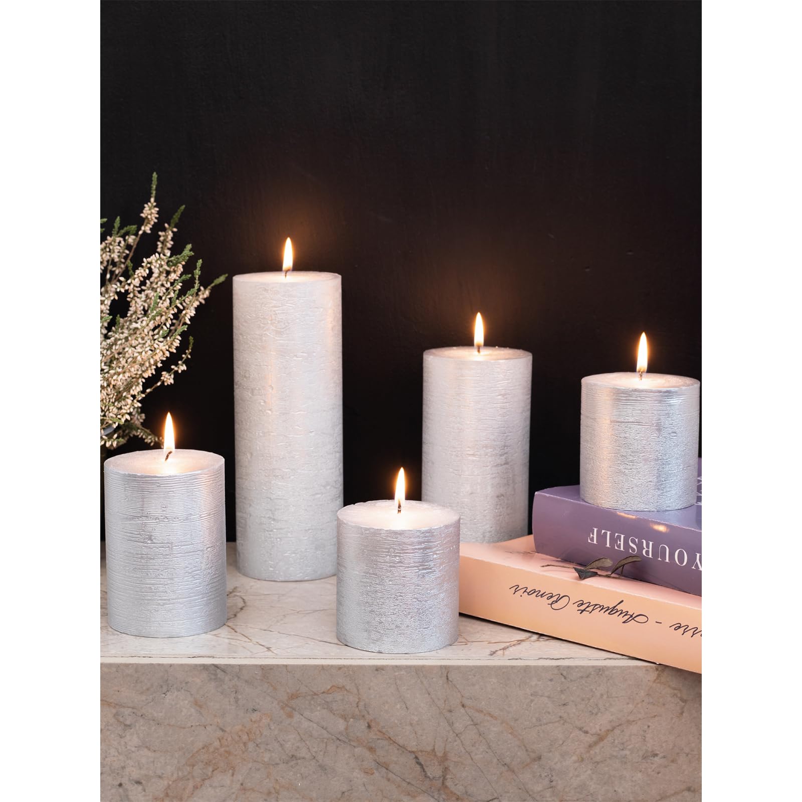 Premium CANDWAX 3x4 Inch Silver Pillar Candles Set of 3 - Unscented Non-Drip Decorative Candles for Weddings, Home Decor & Interior Design - Elegant Table Centerpiece for Dining Room, Living Room & Special Events