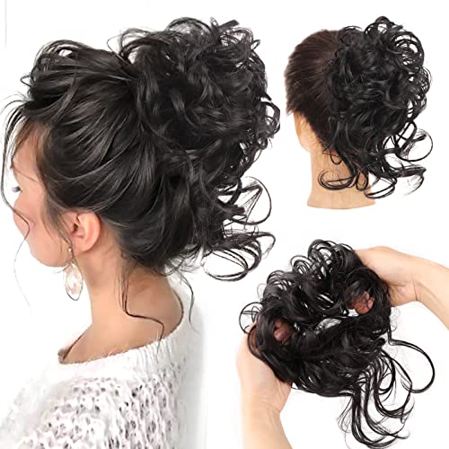 Messy Bun Hair Extensions & Ponytail Scrunchies for Women - Tousled Updo Hair Pieces in Golden Brown & Black | Perfect for Weddings, Parties & Everyday Styling