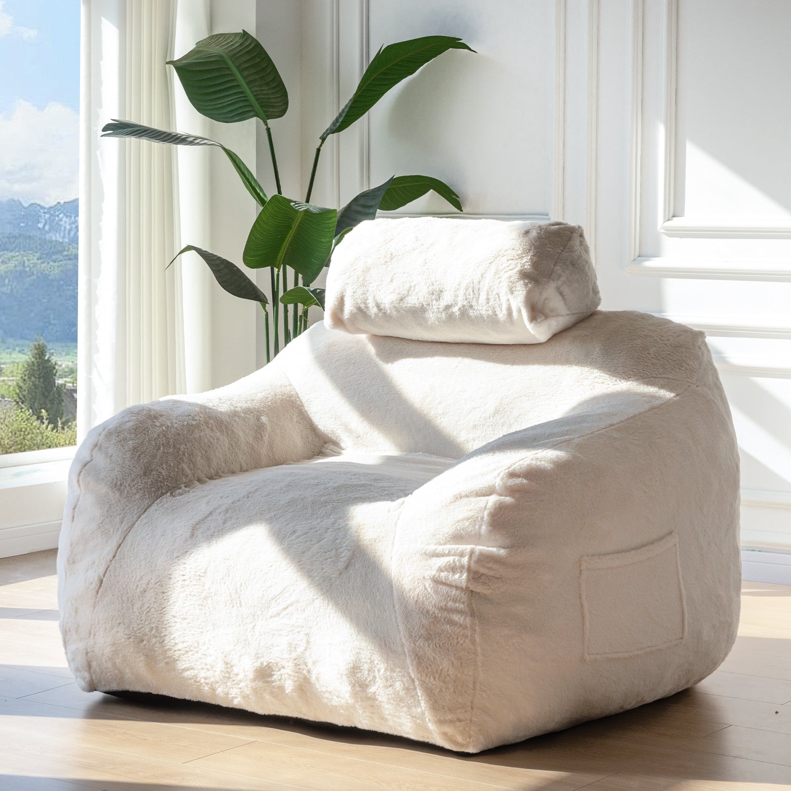 MAXYOYO Giant Bean Bag Chair with Pillow - Ultra Soft Faux Fur Fabric, Extra Large Fluffy Lounger for Adults & Teens - Perfect for Reading, Gaming & Relaxing in Bedroom, Living Room or Dorm - Beige