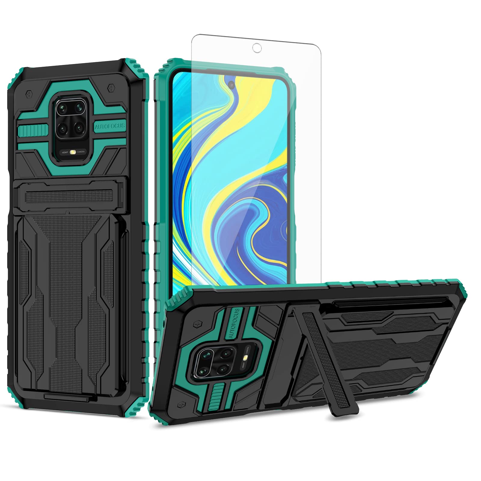 Premium Shockproof Phone Case for Xiaomi Redmi Note 9 Pro/Note 9S/Note 9 Pro Max/Poco M2 Pro - 2 in 1 Protective Cover with Tempered Glass Screen Protector & Built-in Credit Card Holder Stand (Green) - Perfect for Daily Use, Travel, and Hands-Free Viewing