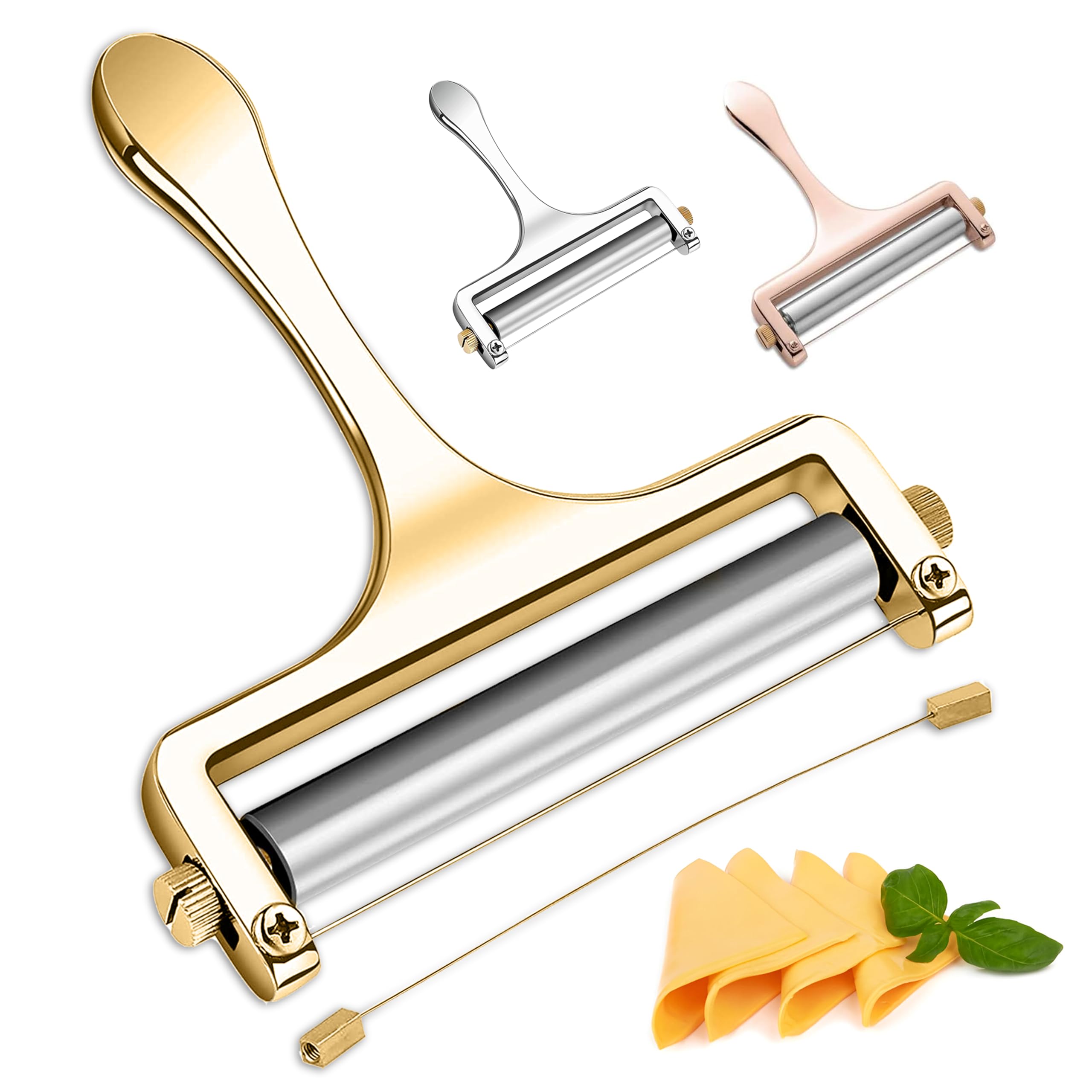 Bellemain Stainless Steel Wire Cheese Slicer - Adjustable Handheld Cheese Cutter for Cheddar, Gruyere, Raclette, Mozzarella - Cheese Shaver & Curler for Perfect Thin or Thick Slices (Gold) - Ideal for Charcuterie Boards, Party Platters & Home Kitchen Use