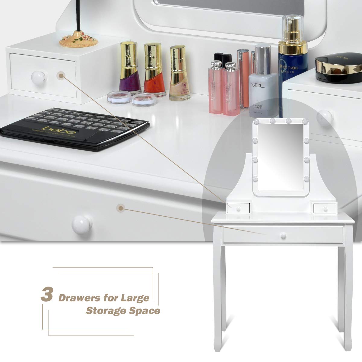 Charmaid Vanity Set with LED Lighted Mirror - 10 Dimmable Bulbs, 3 Drawers & 2 Dividers - Modern Makeup Dressing Table with Stool for Women & Girls (White) | Perfect for Bedroom, Dorm Room & Beauty Salon Makeup Station