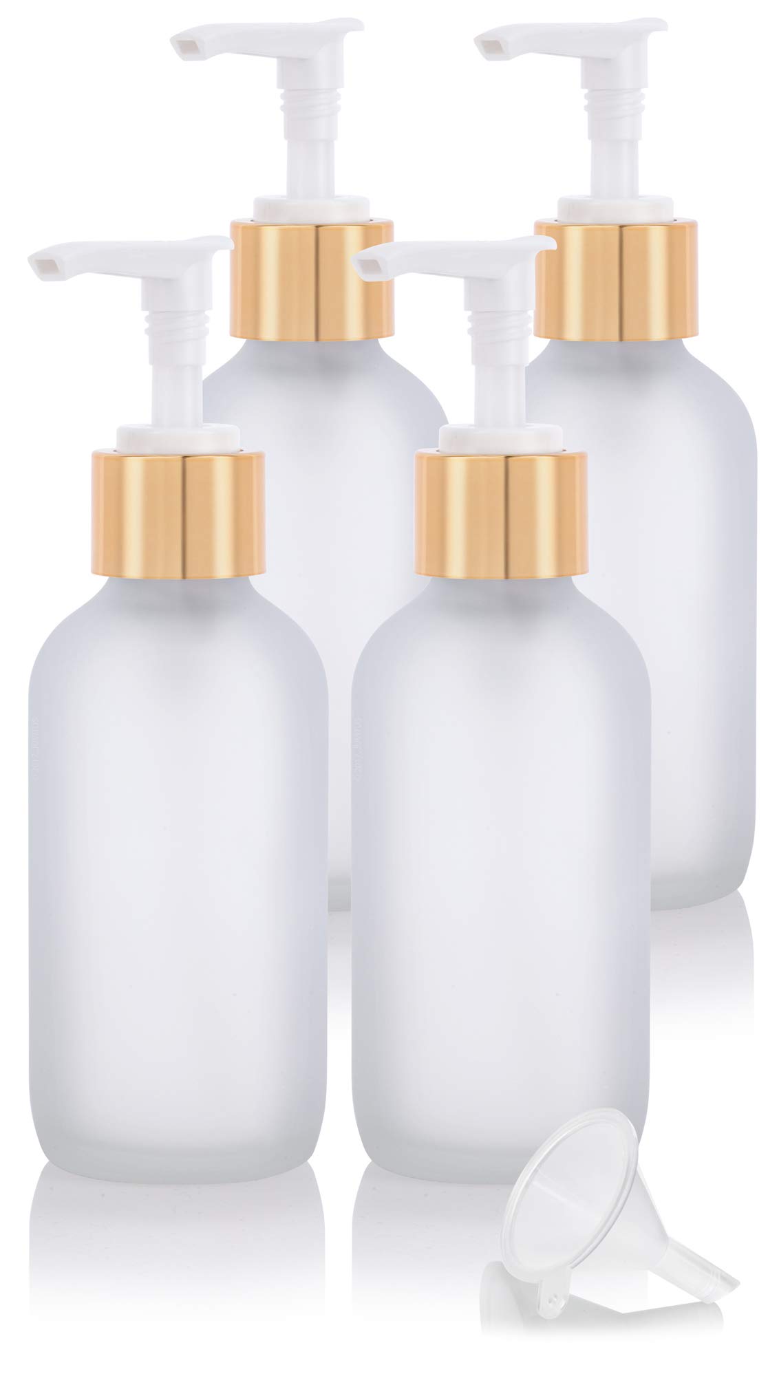 JUVITUS 4 oz Frosted Clear Boston Round Glass Bottles with Gold Lotion Pumps (4 Pack) - Includes Funnel for Easy Refilling - Perfect for Essential Oils, Lotions, Serums & DIY Beauty Products