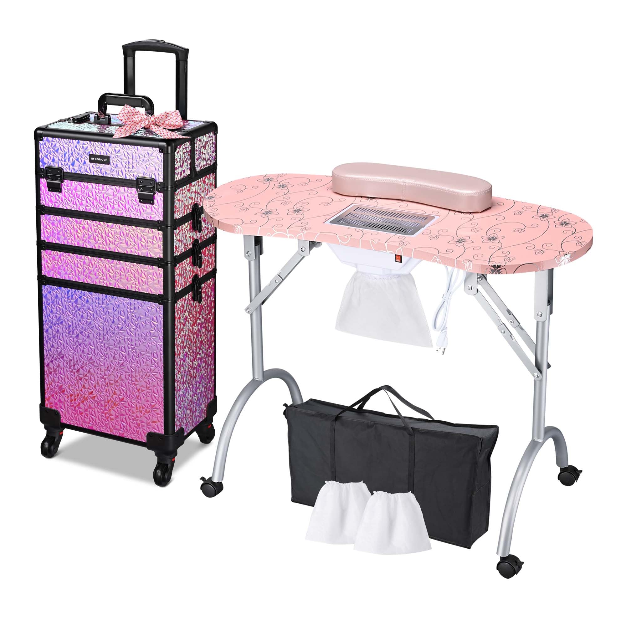 BYOOTIQUE 4-in-1 Rolling Makeup Case with Folding Manicure Table - Mermaid Pink | Portable Beauty Station for Salon Professionals & Home Use | Perfect for Nail Artists, Makeup Artists & Mobile Beauty Services