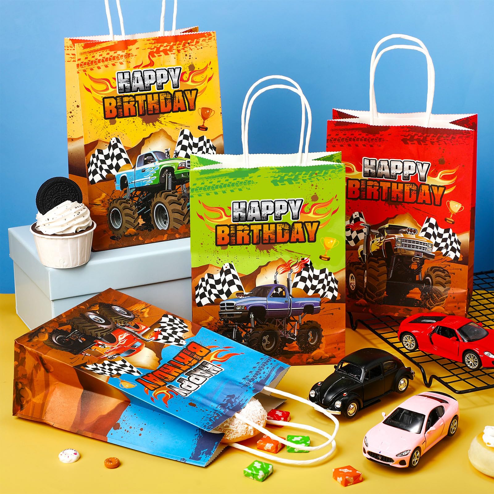 Monster Truck Party Favor Bags - 16 Pcs Racing Truck Themed Paper Gift Bags for Candy & Treats | Perfect for Kids Birthday Parties, Goodie Bags & Themed Events