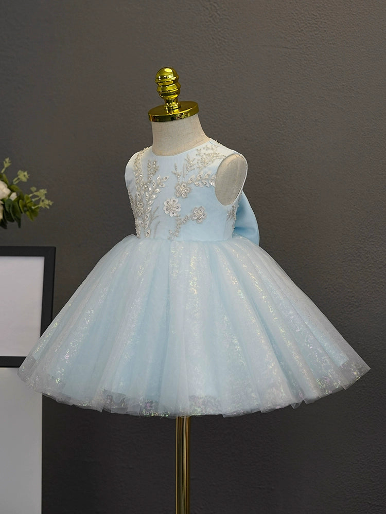Elegant A-Line Round Neck Tea-Length Tulle Flower Girl Dress in Blue - Perfect for Weddings, Parties & Special Occasions