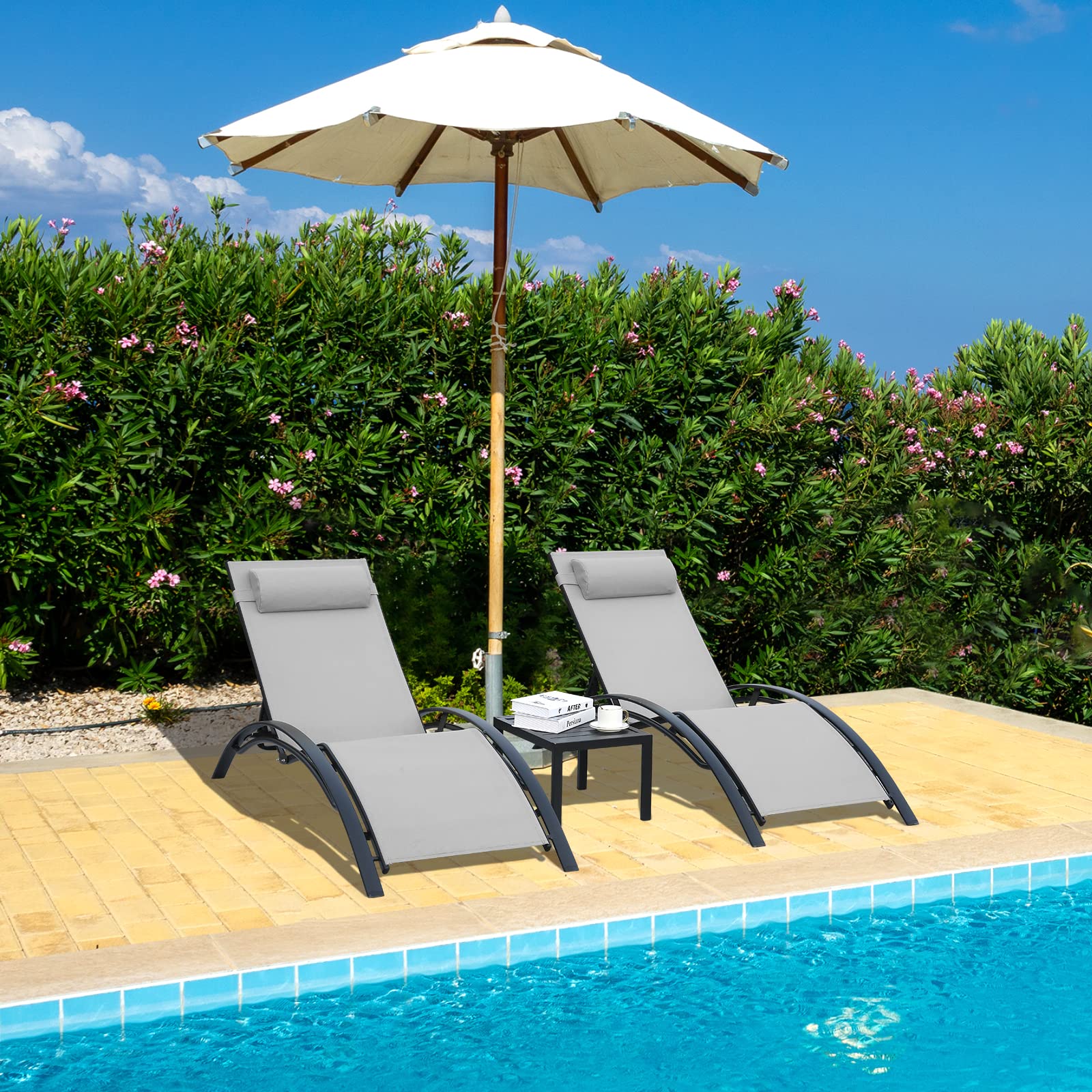 **AthLike 3-Piece Pool Chair Set with Headrest – 5-Level Adjustable Patio Chaise Lounge for Sunbathing & Tanning – Includes Side Table for Outdoor, Beach, Poolside (Grey) – Perfect for Relaxing by the Pool or Beach**