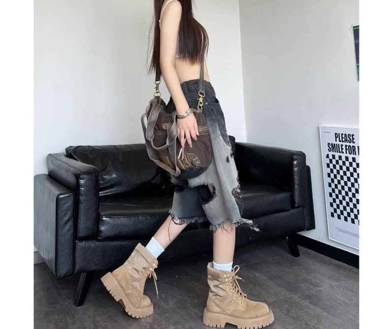 Women's Y2K Distressed Ripped Baggy Denim Shorts - Knee Length Wide Leg Bermuda Jean Shorts for Alt Emo Grunge Style | Perfect for Summer Outfits, Music Festivals & Streetwear Fashion