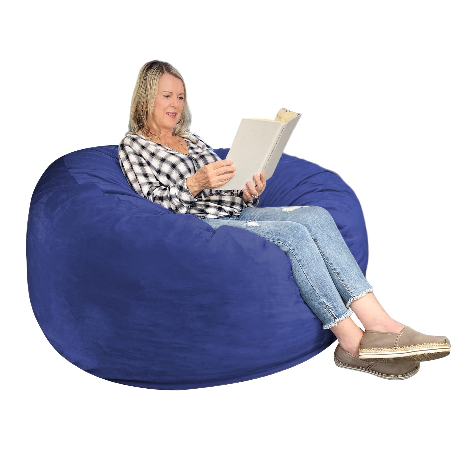 Large 4-Foot Navy Blue Bean Bag Chair for Adults - Adjustable Foam Filling & Soft Dutch Velvet Cover - Comfortable Stuffed Bean Bag Sofa for Living Room, Bedroom, Game Room or Dorm Furniture