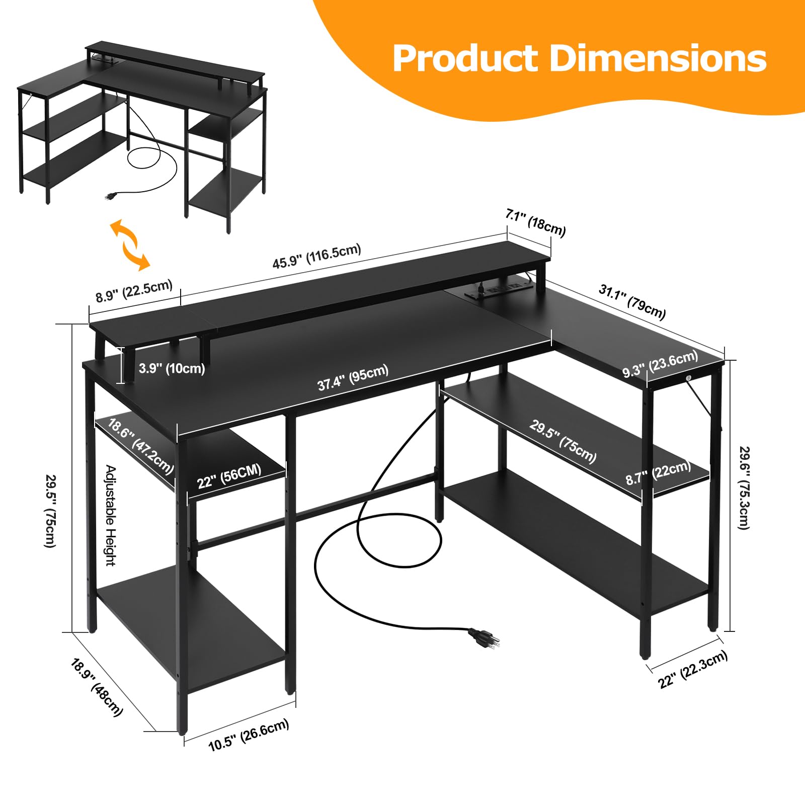 L-Shaped Computer Desk with LED Lights & Power Outlet - Reversible Corner Office Desk with Monitor Stand & Shelves - Gaming & Home Office Desk for Bedroom, Study Room & Small Spaces (Black)