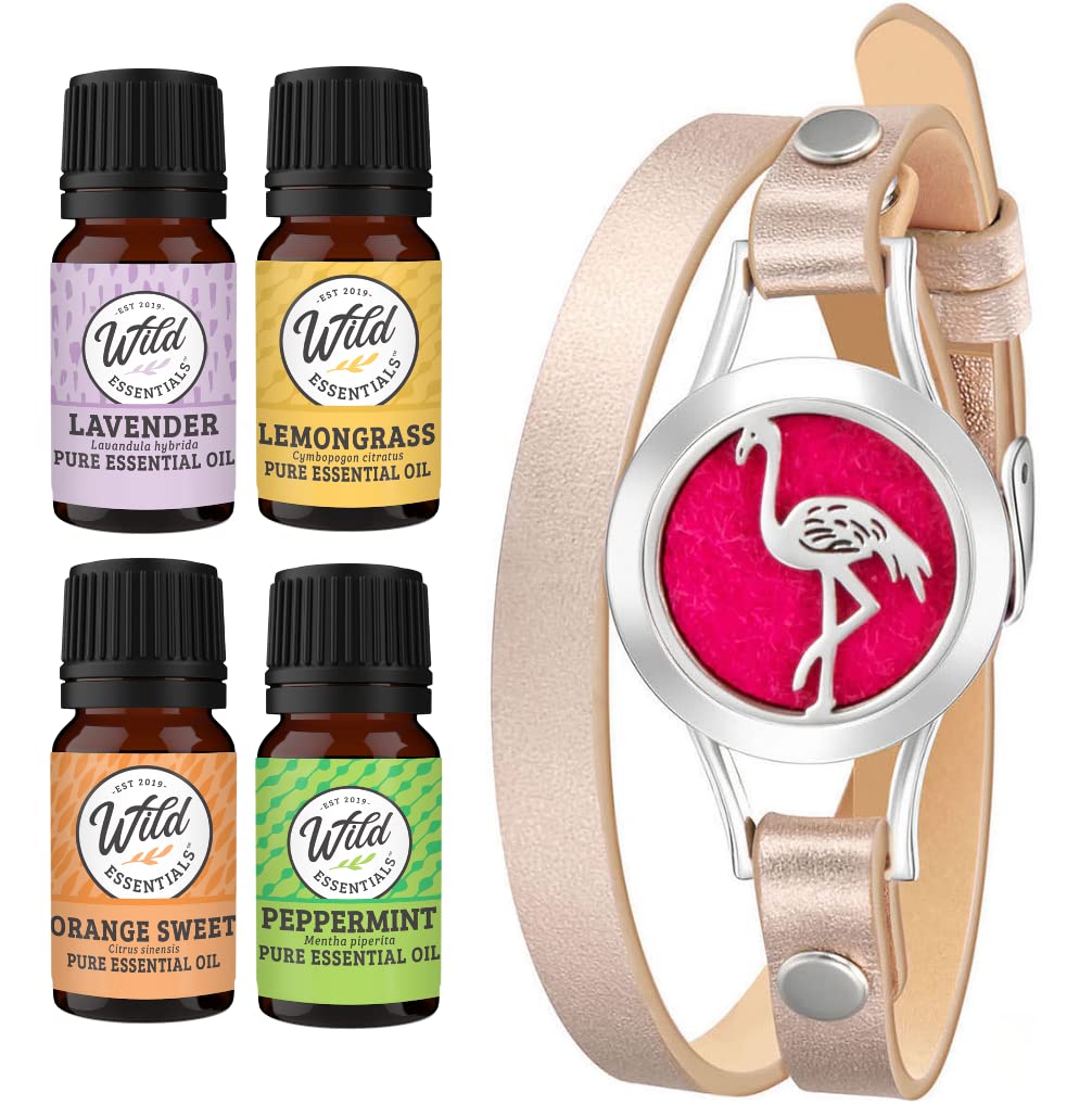 Wild Essentials Flamingo Aromatherapy Bracelet - Essential Oil Diffuser Leather Wrap Bracelet Gift Set with Lavender, Lemongrass, Peppermint & Orange Oils | 12 Refill Pads | Customizable Color Changing Perfume Jewelry for Women | Perfect for Yoga, Meditation & Stress Relief