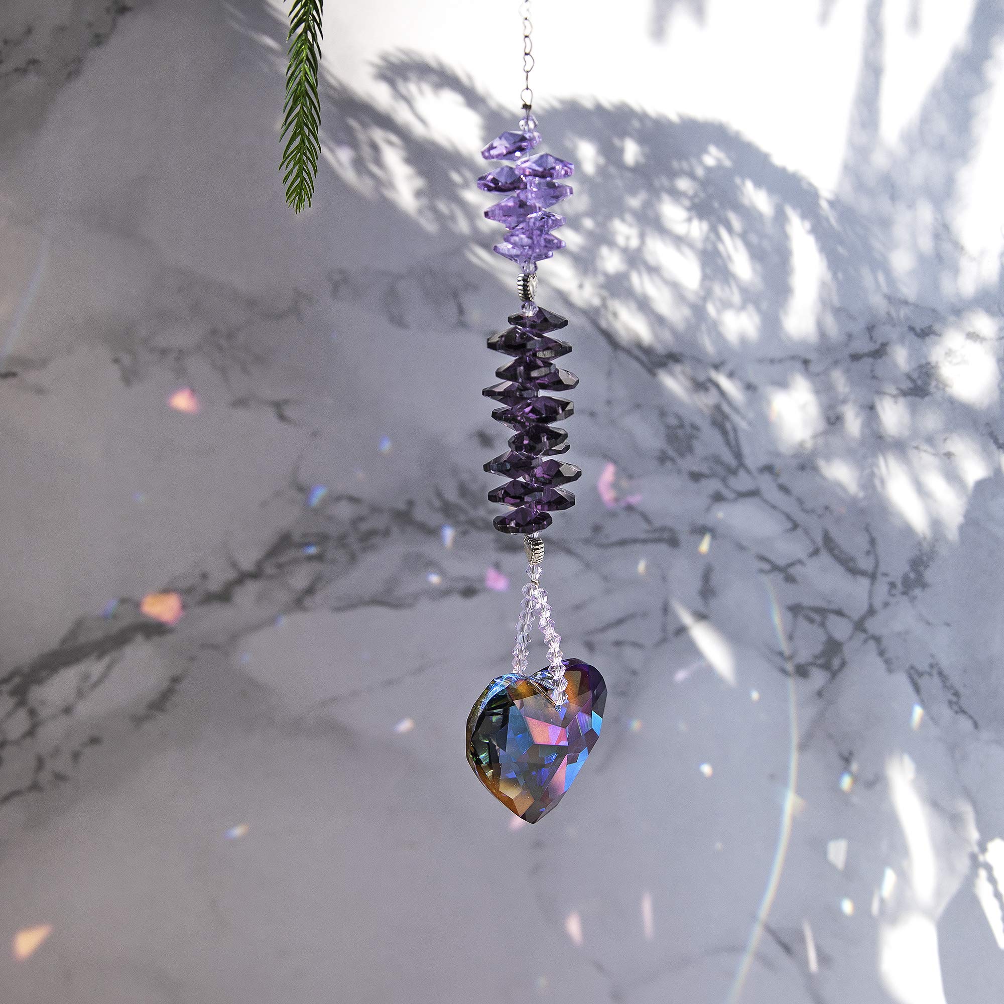 Purple Crystal Suncatcher Heart Pendant - Rainbow Maker Window Decor for Home, Wedding & Christmas Gifts - Creates Beautiful Light Reflections for Living Rooms, Bedrooms & Gardens