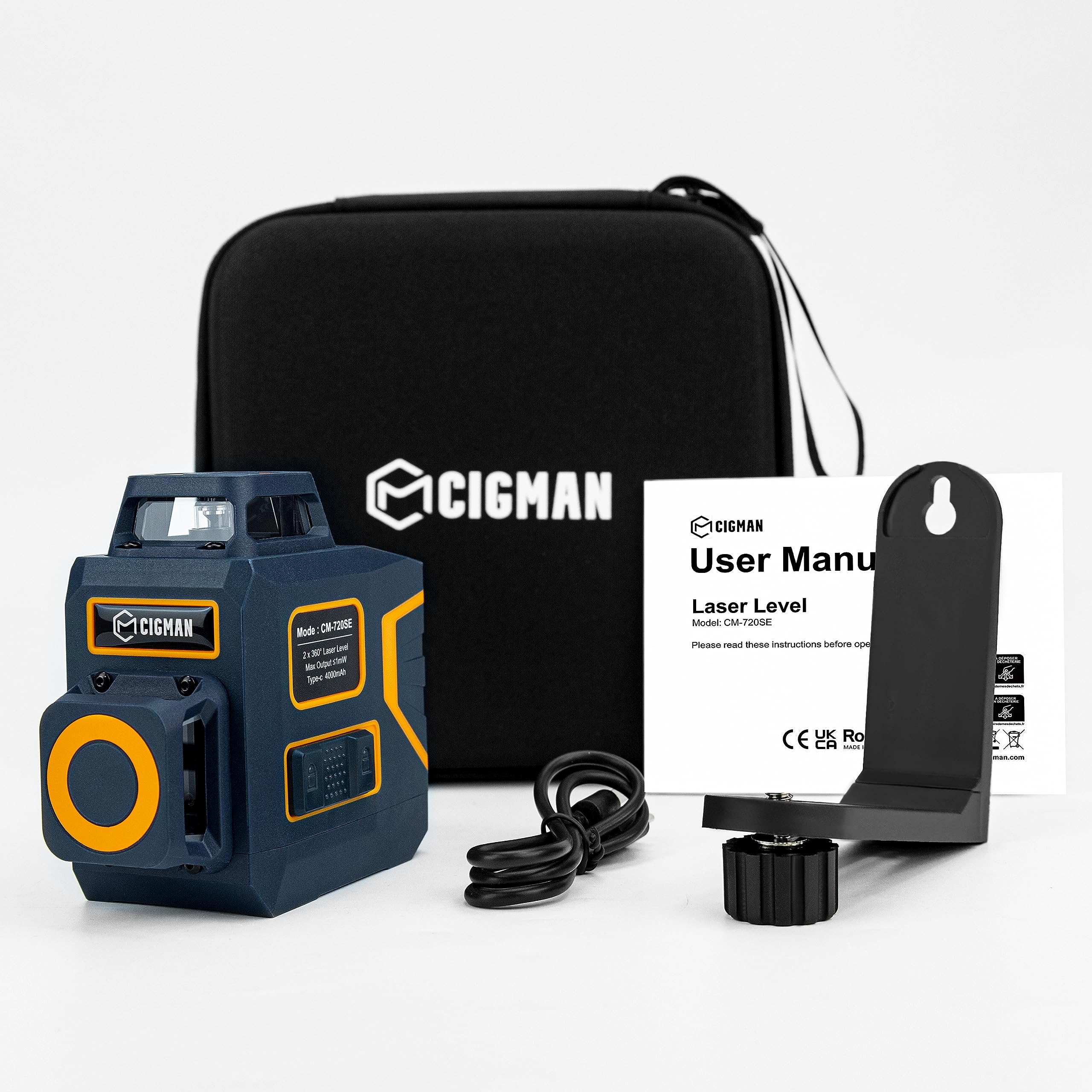 CIGMAN CM-720SE Self-Leveling Green Laser Level - 2 x 360° Cross Line Laser for Construction, Picture Hanging & Home Decoration | Rechargeable Battery & Magnetic L-Bracket Included | Perfect for Wall Mounting, Tile Installation & DIY Projects